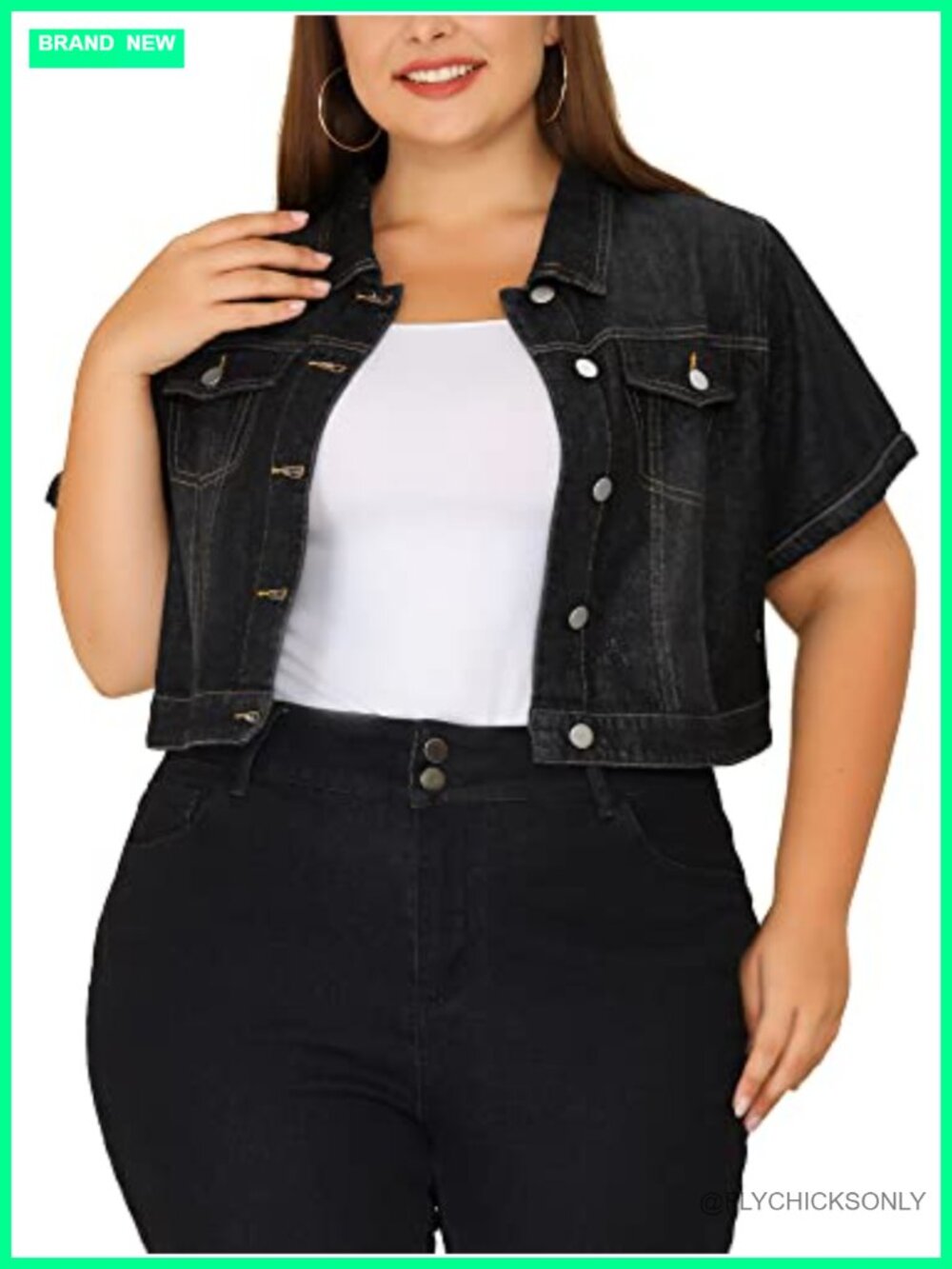 Agnes Orinda Plus Size Denim Jacket Short Sleeve Button Down Cropped